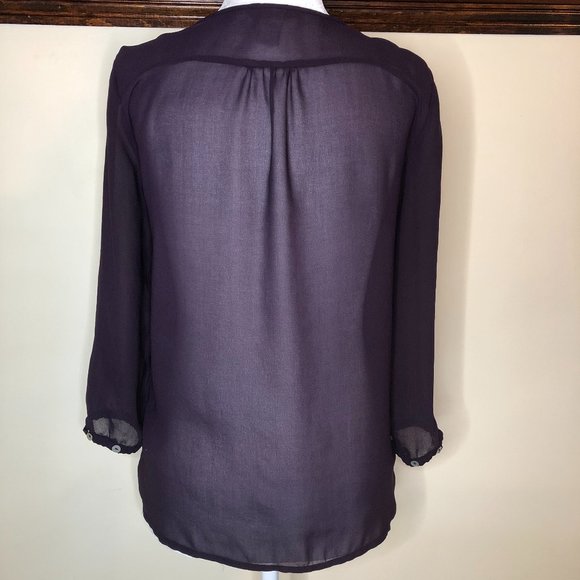 H&M 3/4 Sleeve Purple Sheer Ruffle Front Blouse - Picture 3 of 10